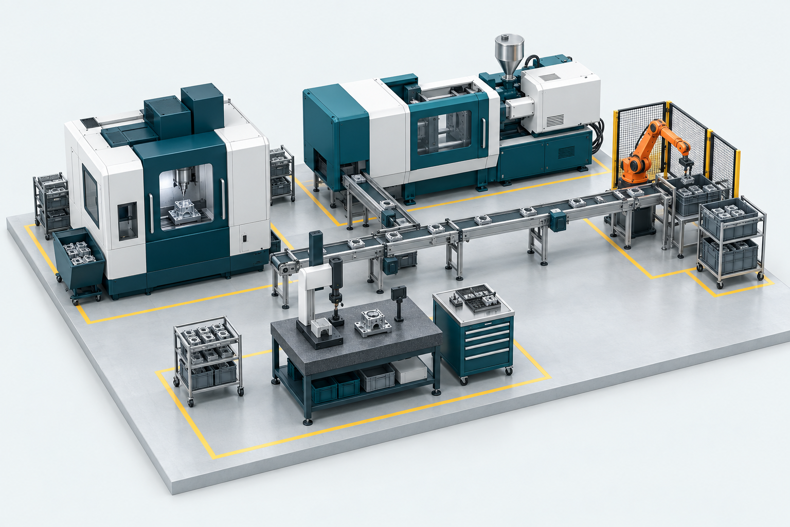 Isometric production floor with a CNC machine, injection molding machine, robot conveyor, and inspection station